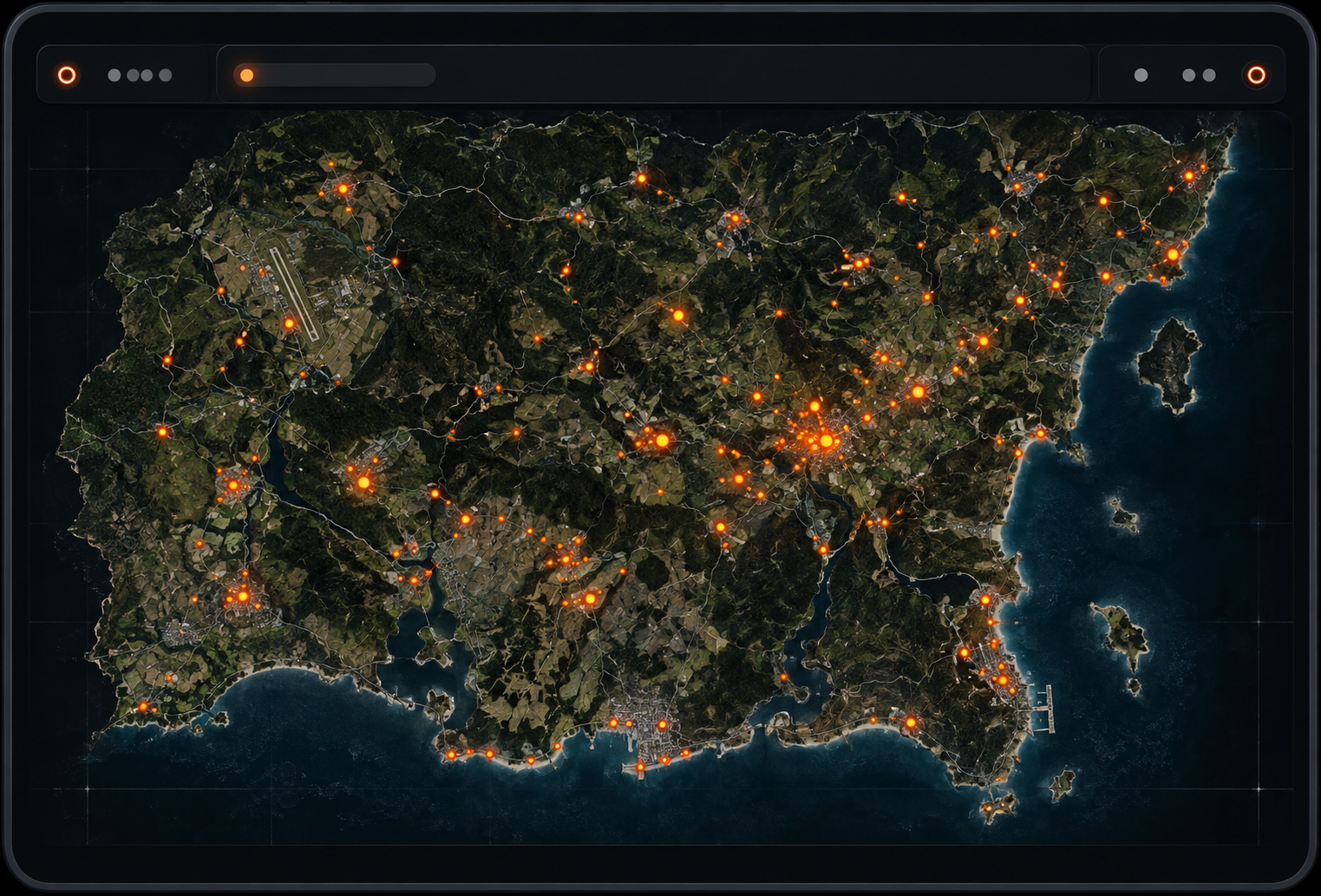 Stylized dark Chernarus map with glowing orange data points
