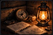 Desk lit by a lantern