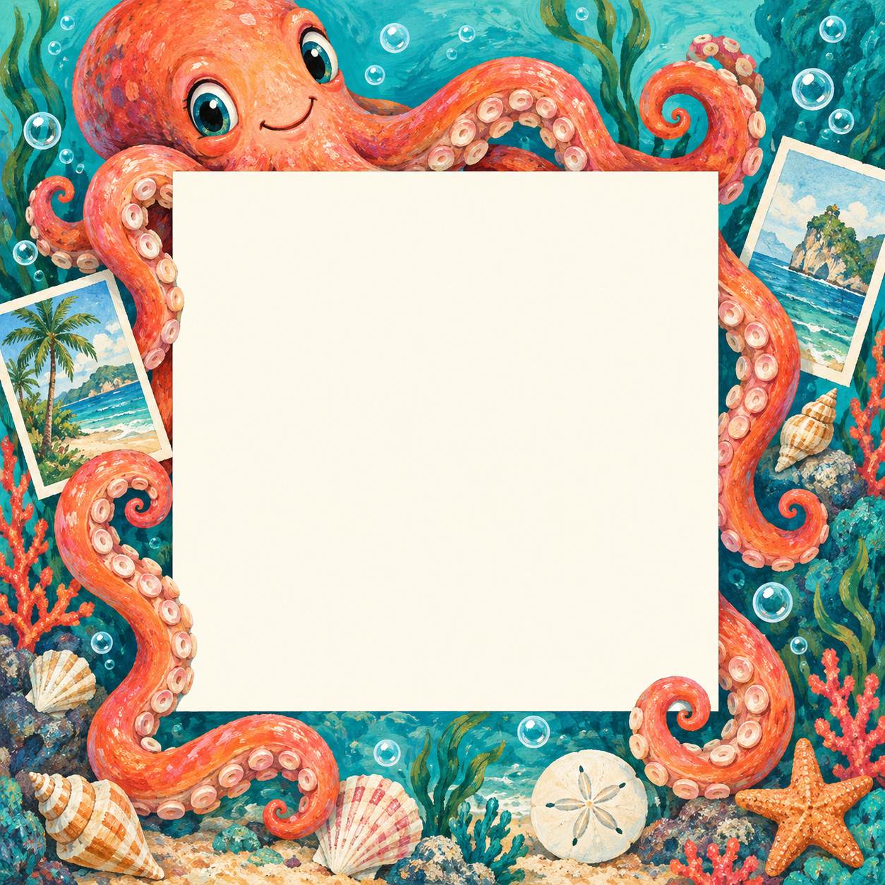A cheerful octopus surrounding a photo frame